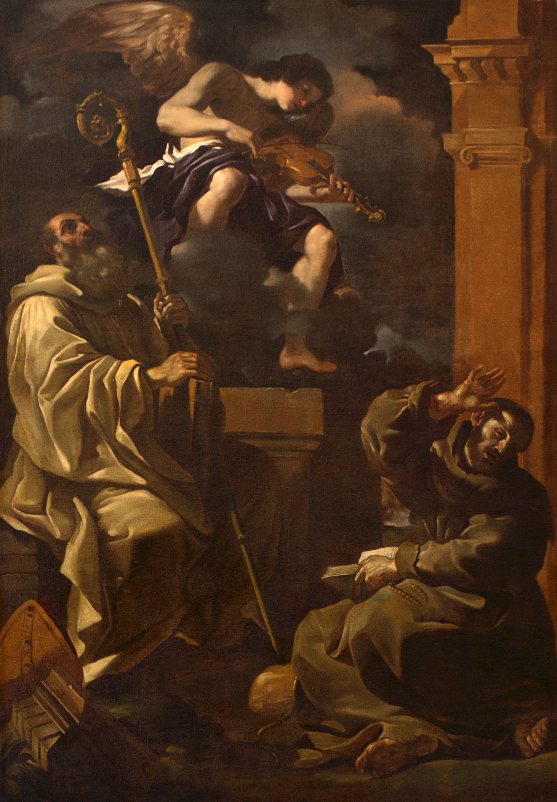 Guercino - Sfântul Benedict şi Sfântul Francisc ascultând un înger muzicant 