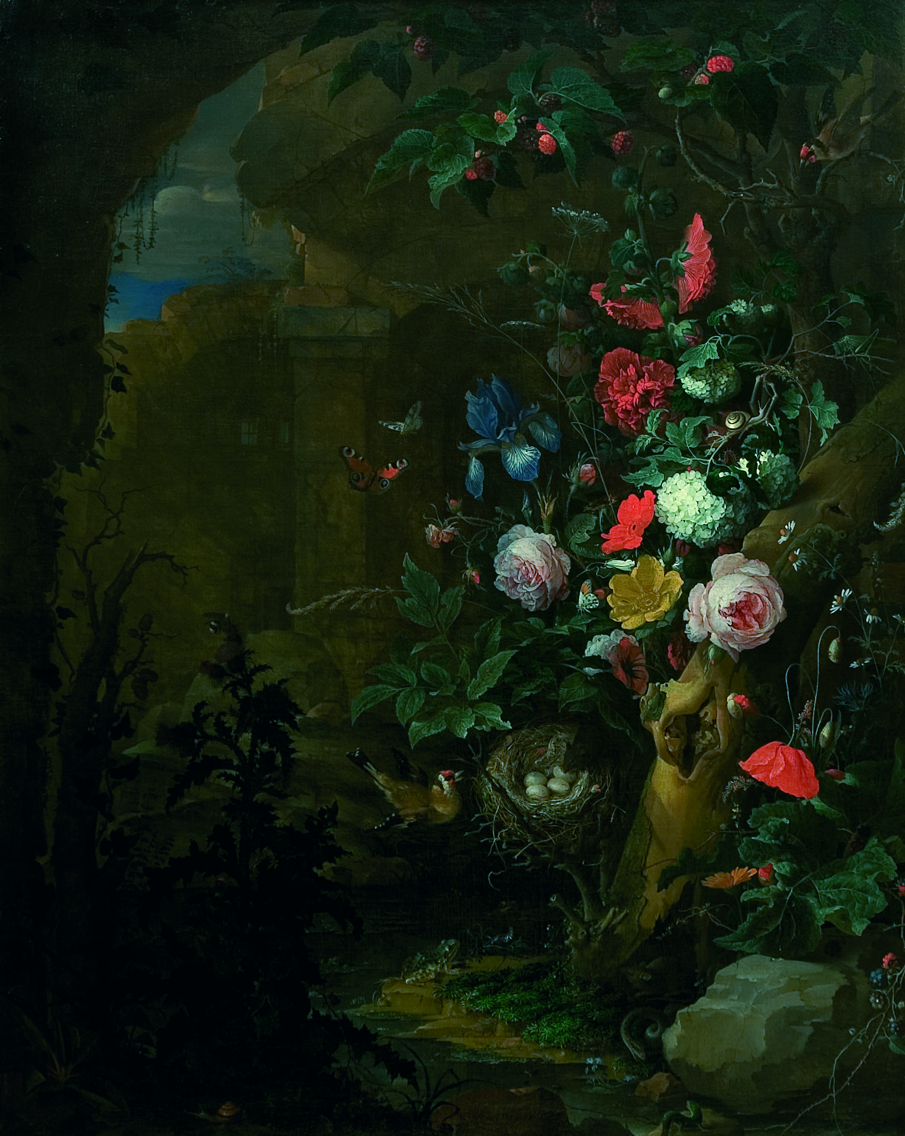 Abraham Mignon, Flori intr-o grota – pictura de flori, natura statica, realism si simbolism crestin, clar-obscur, Jan Davidsz de Heem, scoala de la Utrecht.
